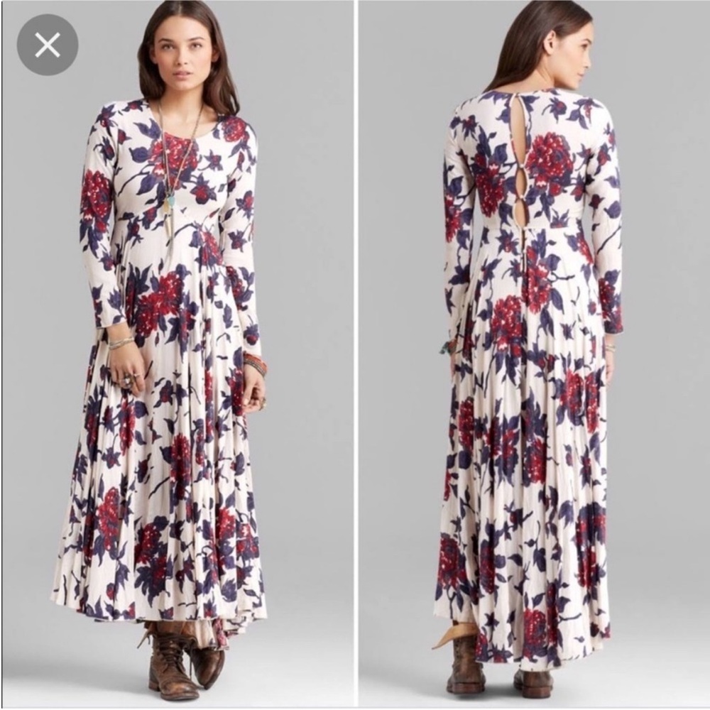 Free People First Kiss Maxi Dress White Red Floral Long sleeve Flowy Dress Small